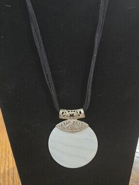 Coldwater Creek Silver-Tone Filigree Pendant with White Disc on Black Cord
